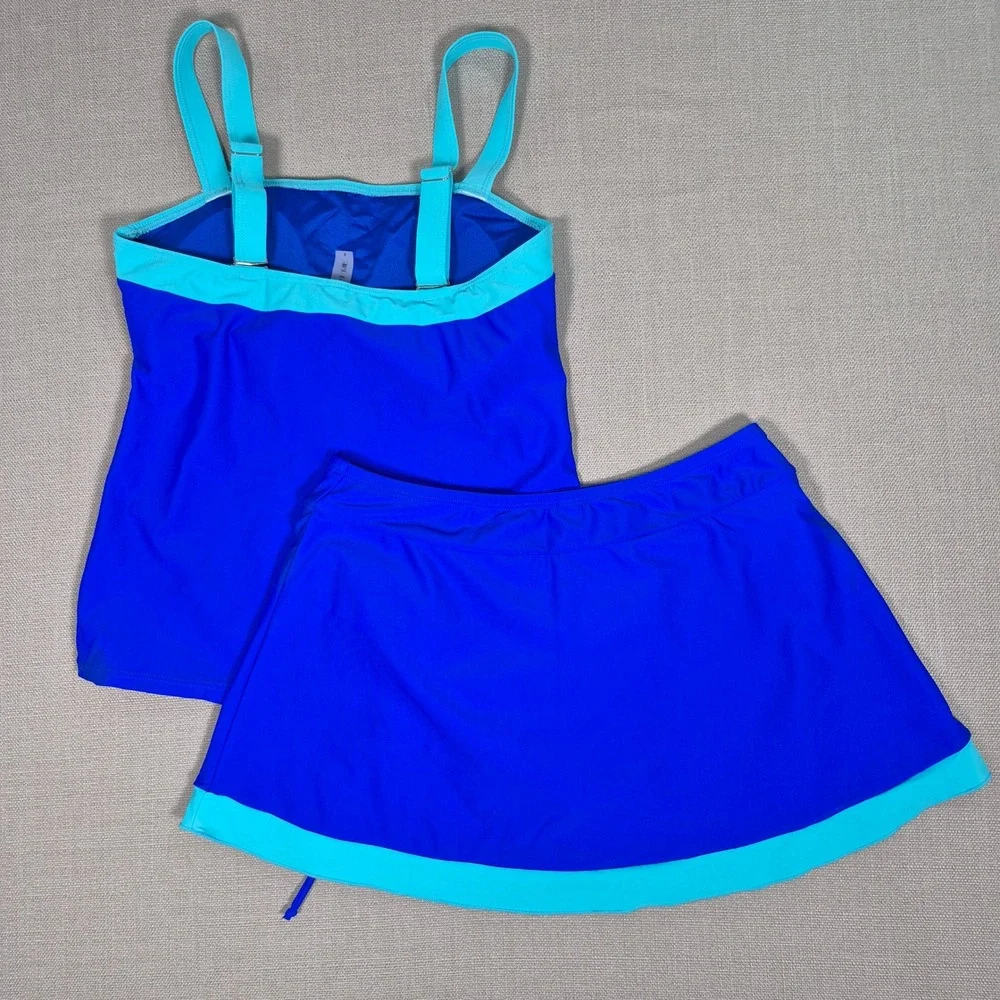 Tempt Me Womens Blue Tankini Swimsuit with Tummy Control Swim Skirt Size S